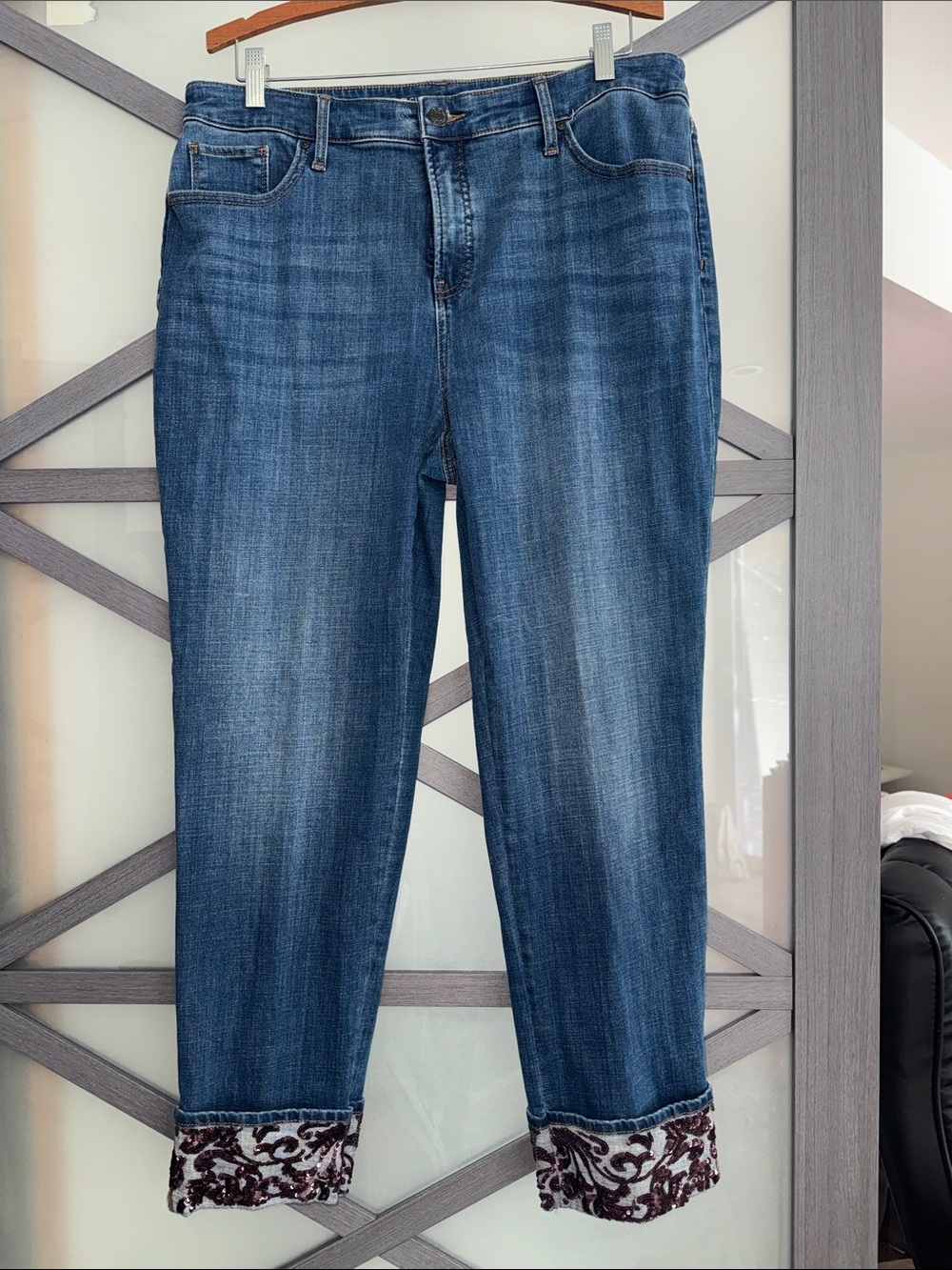 Chico's Dark Blue Cropped Jeans with Sequin Patterned Cuff